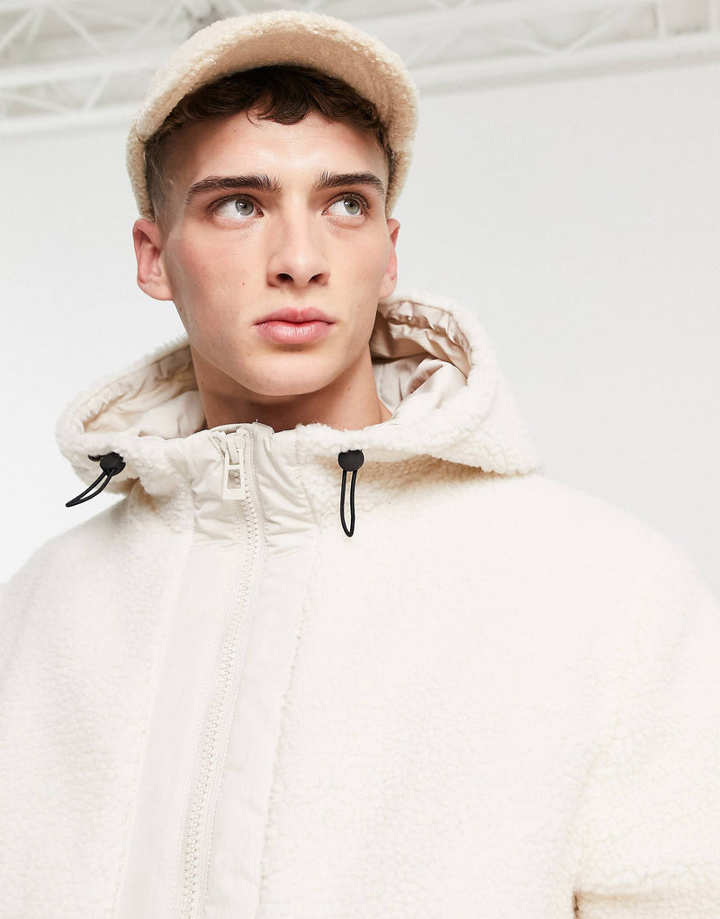 Topman borg zip through hooded jacket in cream