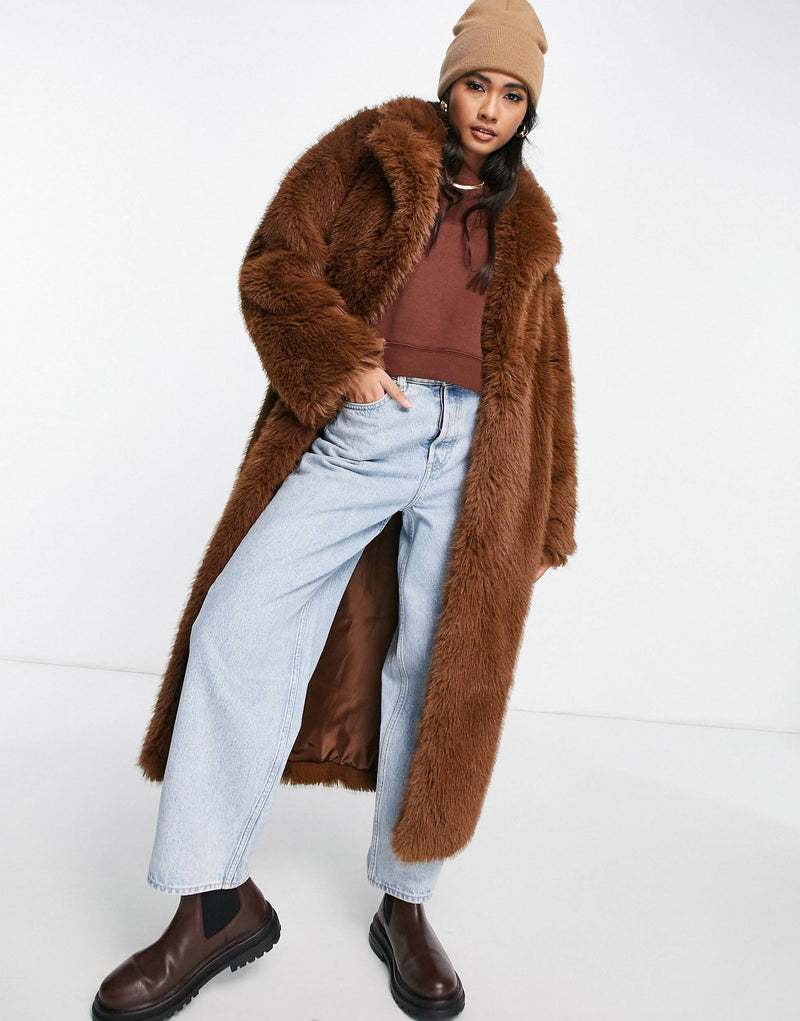 Topshop long fur coat in chocolate