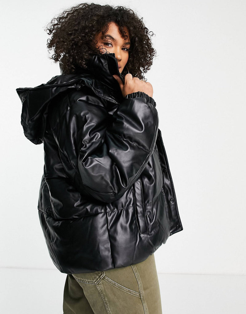 Sixth June Plus oversized cropped puffer with hood in vegan leather