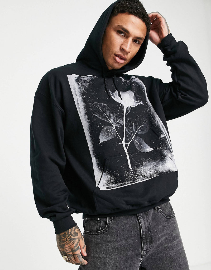 Topman oversized hoodie with photographic rose print in black BLACK SIZE