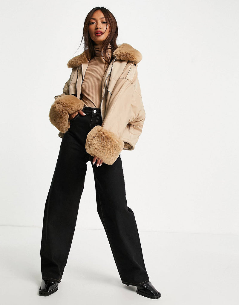 Amy Lynn cropped jacket with faux fur collar and cuffs in beige