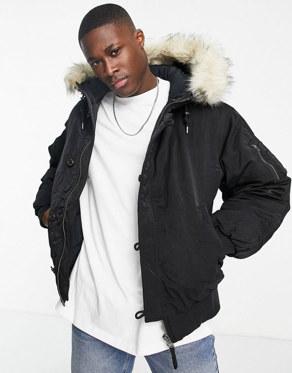 GANT arctic faux fur trim hood bomber jacket in black