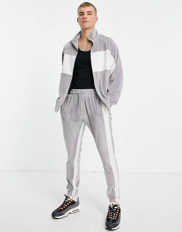 Topman colour block velour co-ord set in grey