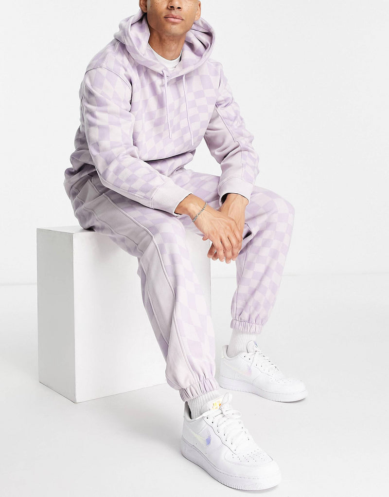 Topman co-ord checkerboard all over print hoodie in lilac