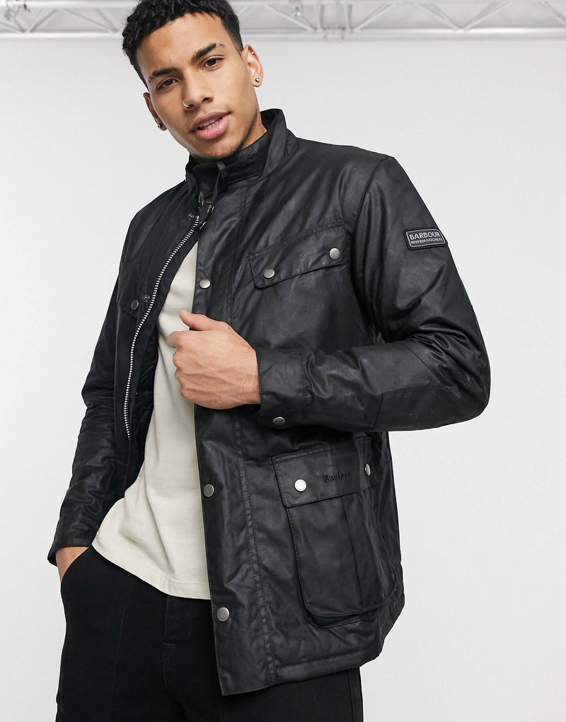 Barbour International slim fit Duke wax jacket in black