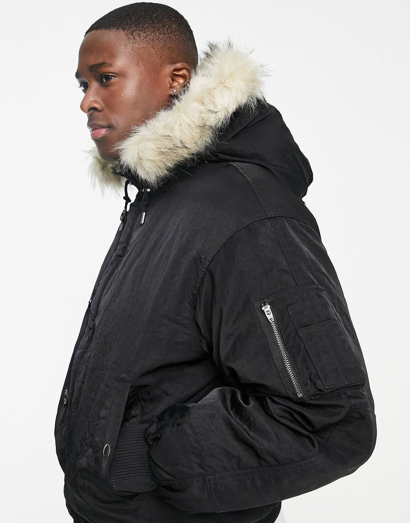 GANT arctic faux fur trim hood bomber jacket in black