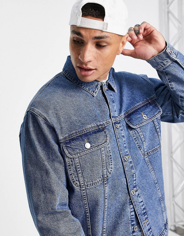 Topman oversized fit denim jacket in vintage blue