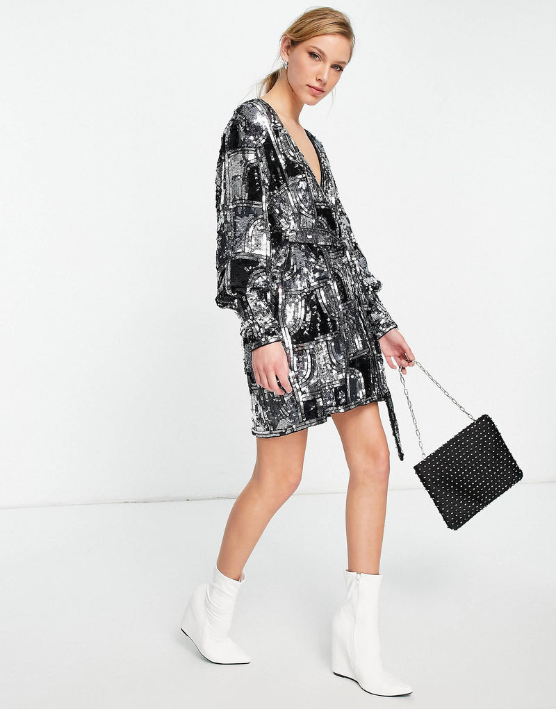 ASOS EDITION mini wrap dress with graphic sequin in silver and black SILVER/BLACK SIZE