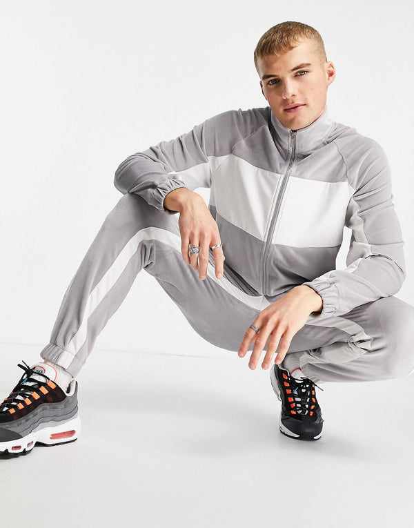 Topman colour block velour co-ord set in grey