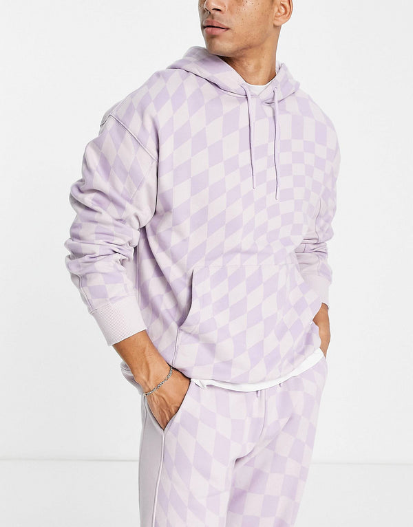 Topman co-ord checkerboard all over print hoodie in lilac