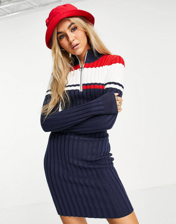 Tommy Jeans colourblock zip up ribbed dress in multi