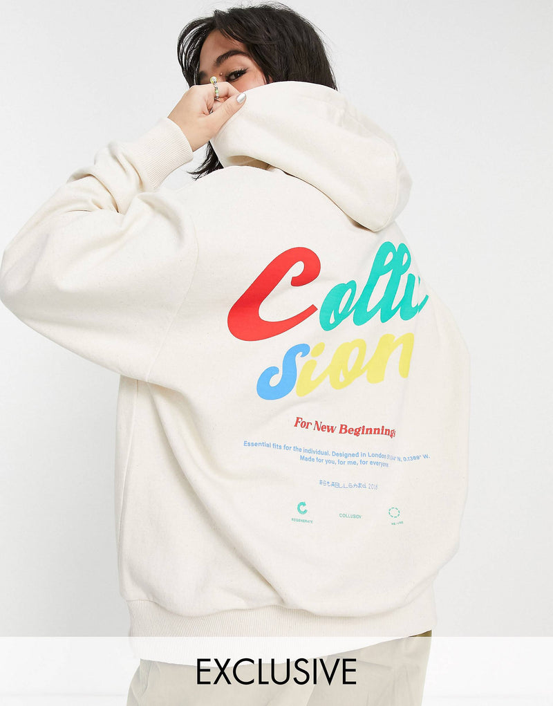 COLLUSION oversized hoodie with back print in ecru