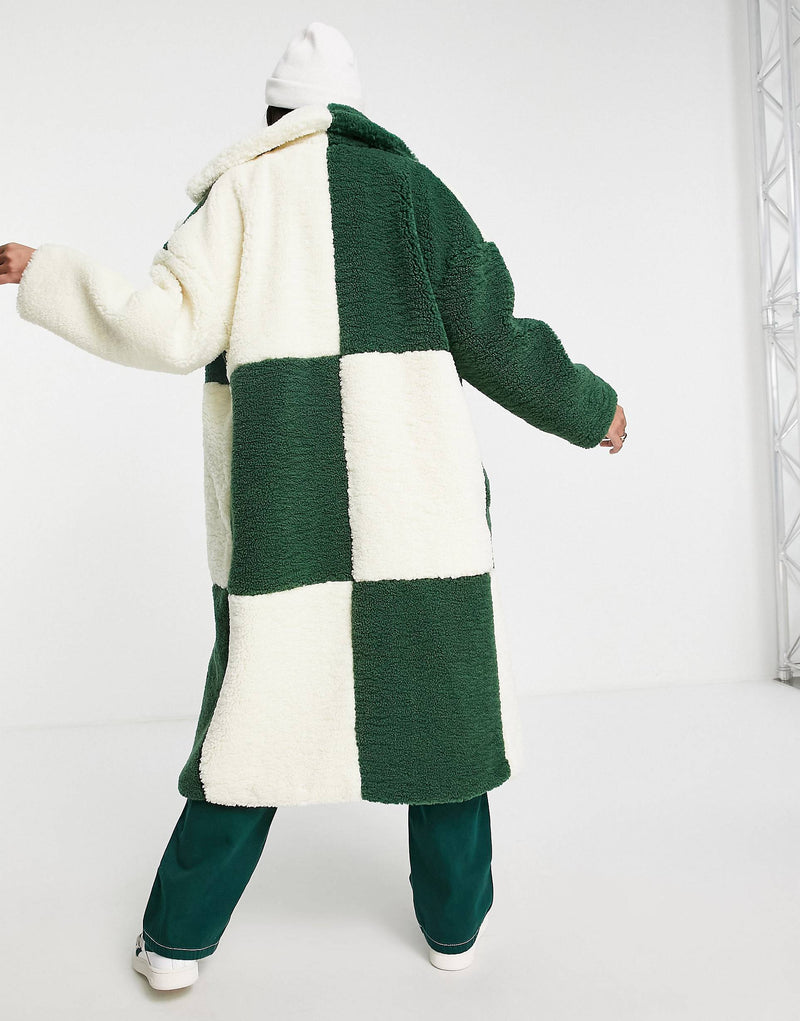 Topshop patchwork long borg coat in green & cream