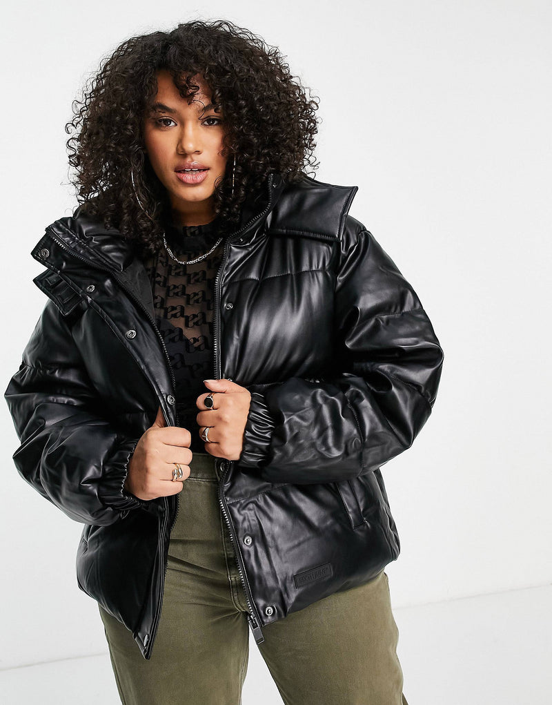 Sixth June Plus oversized cropped puffer with hood in vegan leather