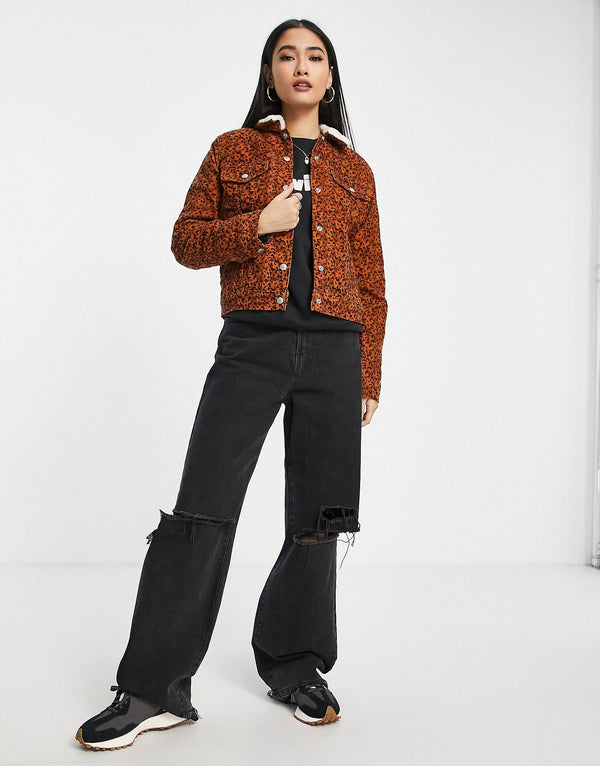 Levi's sherpa collar denim jacket in leopard print