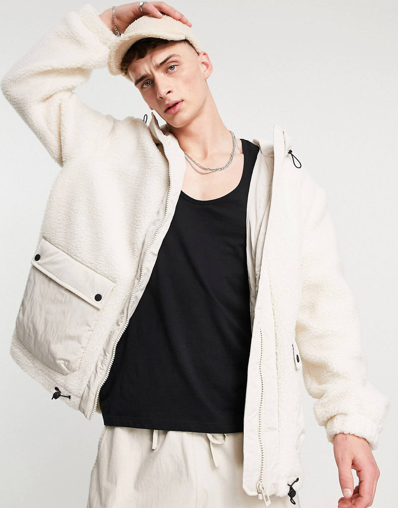 Topman borg zip through hooded jacket in cream