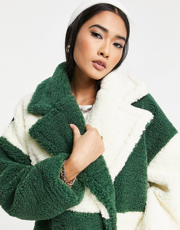 Topshop patchwork long borg coat in green & cream