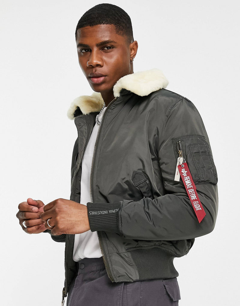 Alpha Industries Injector Ill slim fit shearling collar flight bomber jacket in grey black GREY SIZE