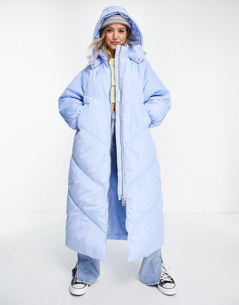 Pieces longline puffer coat in blue