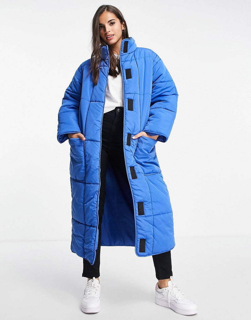 quilted longline puffer coat in cobalt