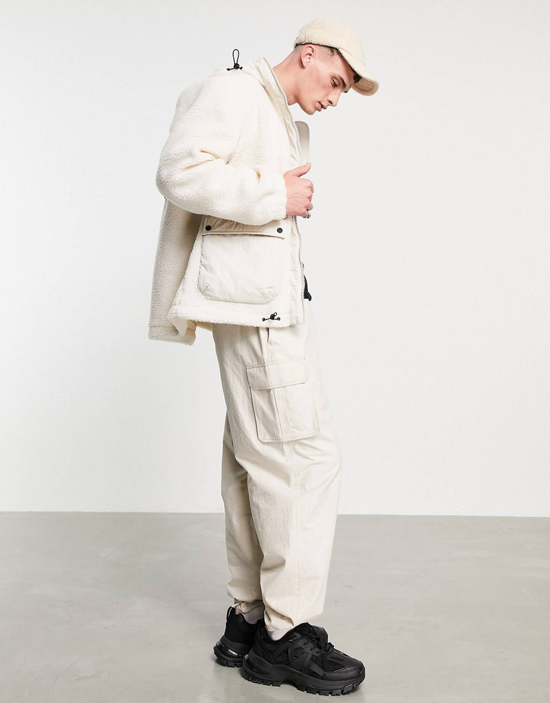 Topman borg zip through hooded jacket in cream