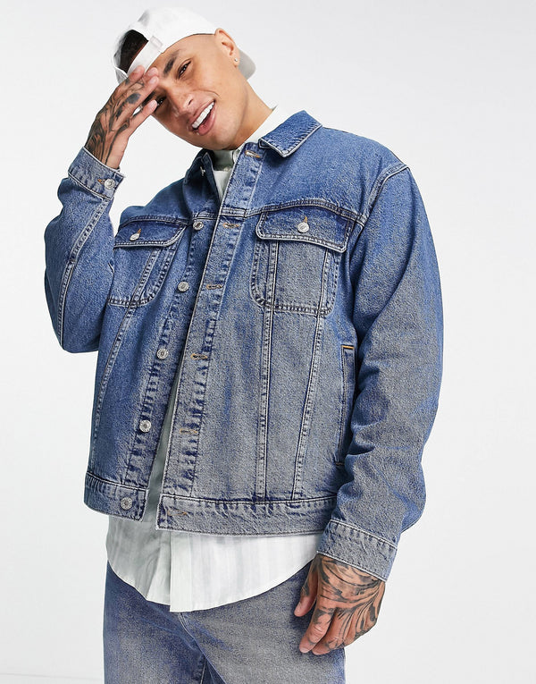 Topman oversized fit denim jacket in vintage blue