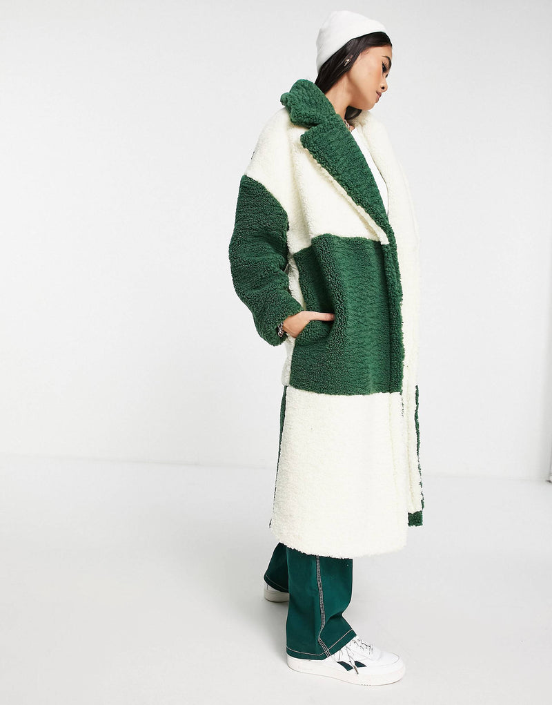 Topshop patchwork long borg coat in green & cream