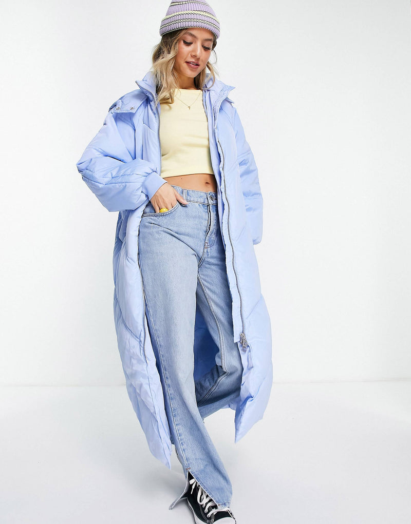 Pieces longline puffer coat in blue