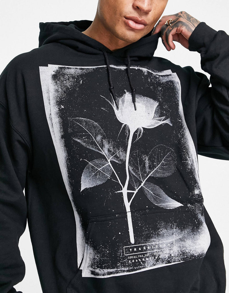 Topman oversized hoodie with photographic rose print in black BLACK SIZE